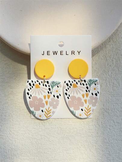 1对女士麦穗花卉印花陶瓷质感超大半椭圆形亚克力可爱耳环