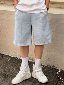 1pc Tween Boys' Casual Loose Fit Straight Leg Drawstring Bermuda Shorts, Comfortable For Summer Sports And Commuting - Light Grey - View 6