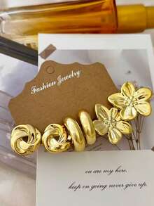 9 Pairs European And American Style Metal Texture CCB Material Geometric Square Flower Spiral Stud Earrings, Versatile For Women - Gold - View 4