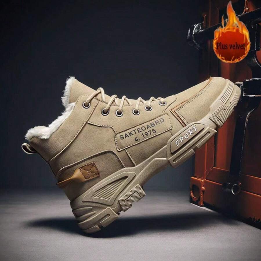 Giày bốt đi tuyết ngoài trời thông thường dành cho nam - Giày thể thao buộc dây cổ cao màu đen đệm dày, có phần trên bằng PU bền và đế bằng PVC, thích hợp để mang hàng ngày, du lịch và hoạt động ngoài trời