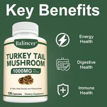 Turkey Tail Mushroom Capsules - Rich In Beta-Glucan - Supports Memory And Attention, Digestive And Immune System Health - 120 Capsules. - 1瓶 - 查看 4