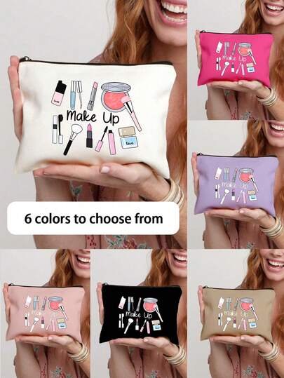 优雅女士化妆包，印有美妆产品图案 – 轻便可重复使用的化妆包，拉链式洗漱收纳包，可存放化妆品、刷子和配件 – 情人节、母亲节、教师节和斋月的完美礼物 – 多功能旅行、度假、商务、健身和露营包 – 耐用涤纶材质，可机洗，简约设计，是酒店、办公室、浴室和外出收纳的理想之选 – 女士多功能化妆洗漱包