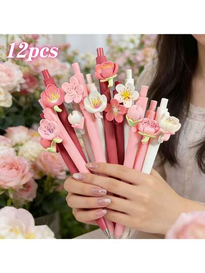 12 قلم حبر جاف قابل للسحب بتصميم زهري ملون، تصميم رومانسي بالأزهار، عشوائي (2 قلم + 10 قطع بديلة)، مناسب للمدرسة والمكتب والمفكرة والهدايا، مصنوع من البلاستيك، حبر أسود، كتابة سلسة، مثالي لعشاق الأزهار