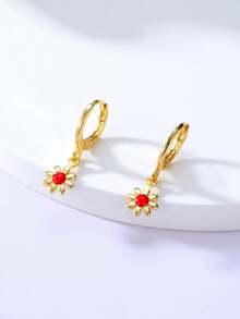 1 Pair Luxury Mini Daisy Hoop Earrings, Accented With Red Center, Delicate & Versatile Earrings For Women - Multicolor - View 3
