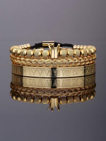 3 piezas Pulsera trenzada con corona vintage micro-incrustada de circonita, conjunto de brazalete abierto de rejilla de acero inoxidable, adecuado para uso diario de hombres, regalo para novio, fiesta de cumpleaños de amigos