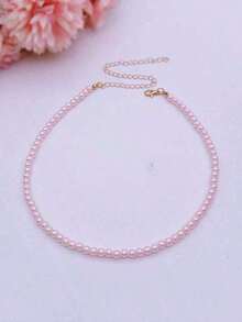 1pc Vintage French Style White & Pink Faux Pearl Necklace, Simple Choker For Women Daily Wear - White - View 6