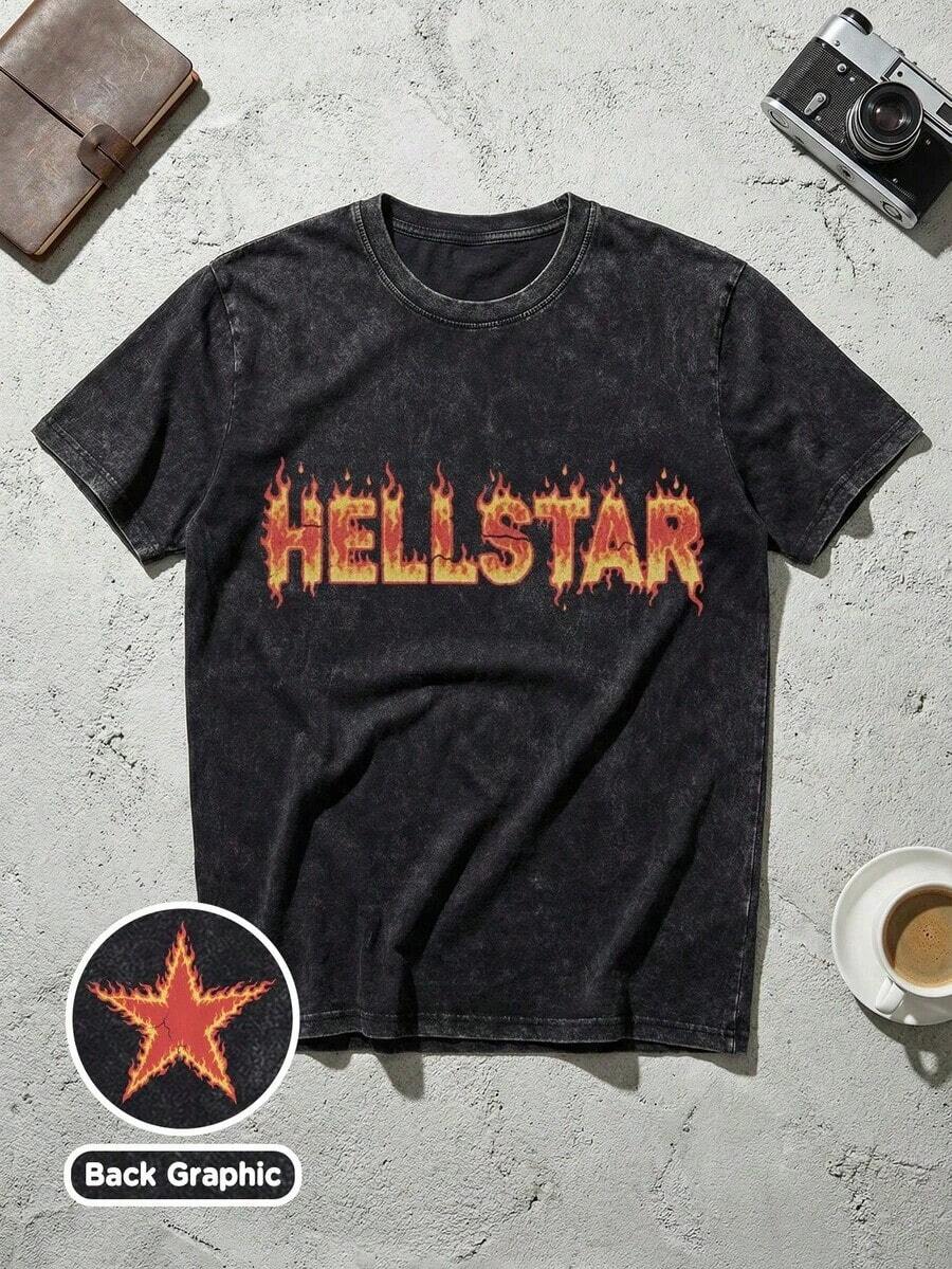 Unisex Streetwear, Men's Y2K Grunge Hellstars Slogan & Flaming Fire Text Graphic Double-Sided Print T-Shirt, Acid Washed Tee, Dark Aesthetic Oversized T Shirt, Graphic Tees Men, Camisetas Para Hombre, Ropa De Hombre, Playera De Hombre, Navidad,Mens Clothes,Graphic Tee,Summer Clothes,Summer Tops,Easter Outfits,Spring Clothes ,Shirts - Black - View 1