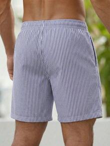Men's Striped Palm Tree Print Casual Beach Shorts With Drawstring, Summer - Dusty Blue - View 2