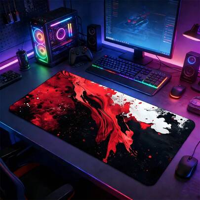 YUFZX 红黑抽象墨迹泼溅超大号游戏鼠标垫，带防滑橡胶底座的大号桌面垫，锁边缝制，可水洗，适用于游戏、家庭办公环境，是游戏玩家和抽象艺术爱好者的理想礼物。