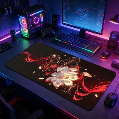 YUFZX Red & Gold Lotus With Flowing Ribbons On Black Base XXL Extended Gaming Mouse Pad, Large Desk Mat With Non-Slip Rubber Base, Stitched Lock Edge Washable Desktop Pad, Suitable For Gaming Setup Home Office, Ideal Gift For Gamers & Chinese Art Aesthetic Fans
