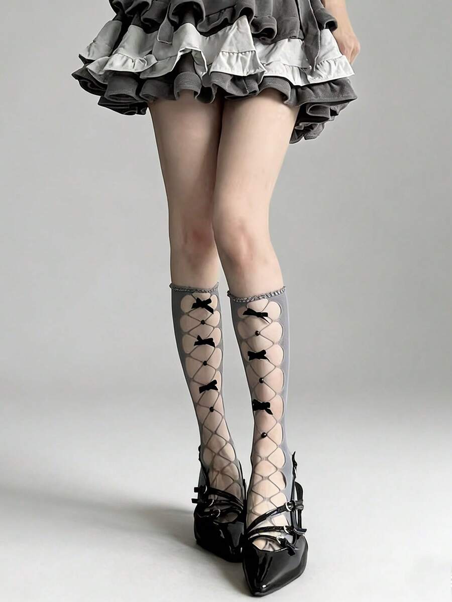 1 par de calcetines de malla con perlas huecas de mariposa gris para mujer, calentadores de piernas/calcetines de tobillo estilo Lolita Y2K Baddie, estilo europeo y americano Ins