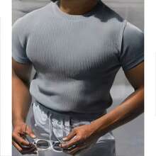 Men's Ribbed Slim Fit T-Shirt (Foreign Style) All Slim Fit None Men's T-Shirts - 灰色 - 查看 1