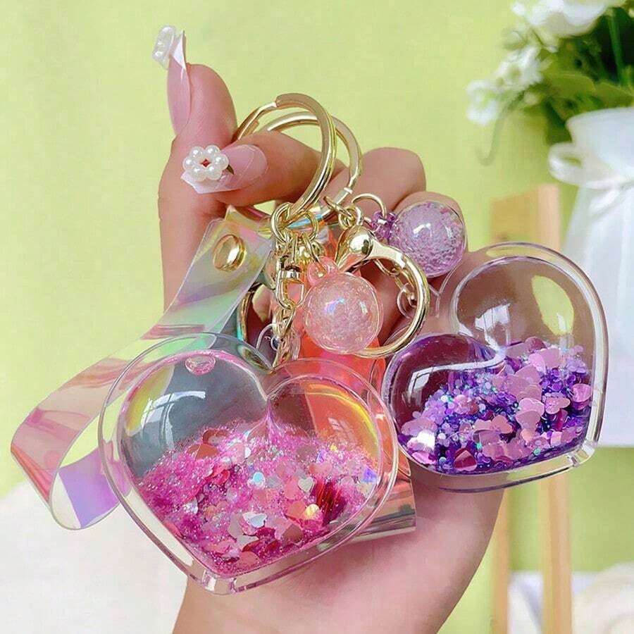 1pc Colorful Love Flowing Sand Keychain Fashionable And Bag Small Pendant Exquisite Couple Suitable Girls As Small Gifts - Đỏ - Xem 1
