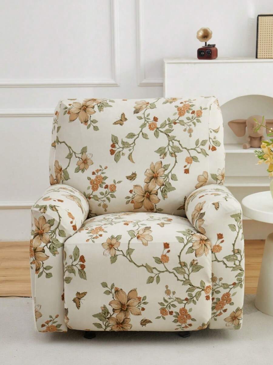 弹力牛奶丝印花摇椅/沙发套，单人座，植物花卉图案，适用于客厅和书房，四季皆宜