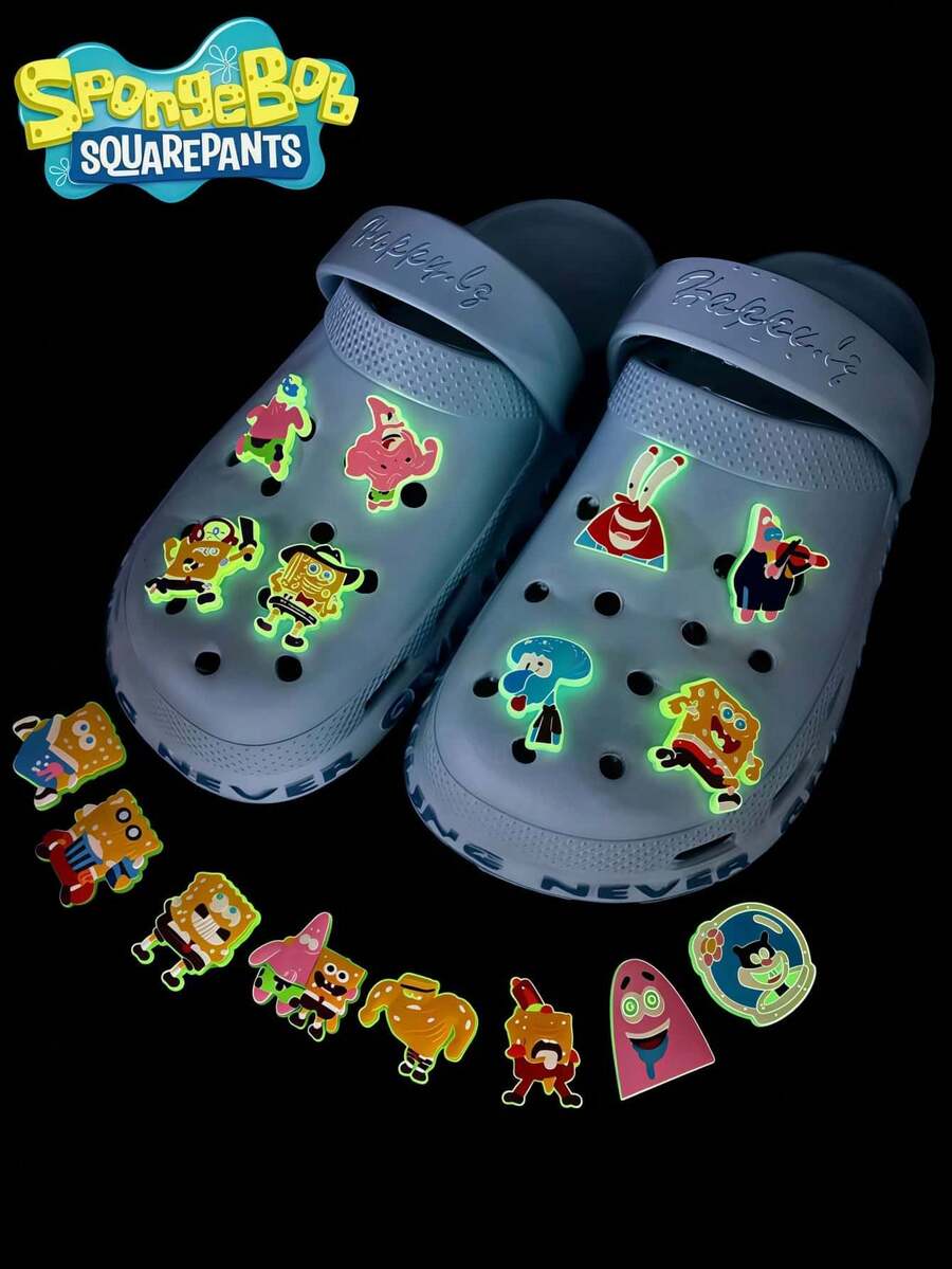 SpongeBob SquarePants 10/20个海绵宝宝、章鱼人、珊迪、蟹老板、小蜗卡通发光鞋扣，VC软橡胶鞋扣，DIY鞋配件 - 彩色 - 查看 1
