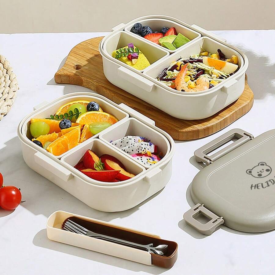 Kotak Makan Siang 3 Kompartemen yang Dapat Dilepas, Kotak Bento Plastik Portabel 800ml dengan Sekat untuk Persiapan Makanan, Microwave, Wadah Makanan Salad Buah Tertutup Tahan Panas, Untuk Dewasa, Pelajar, dan Piknik, Kembali ke Sekolah