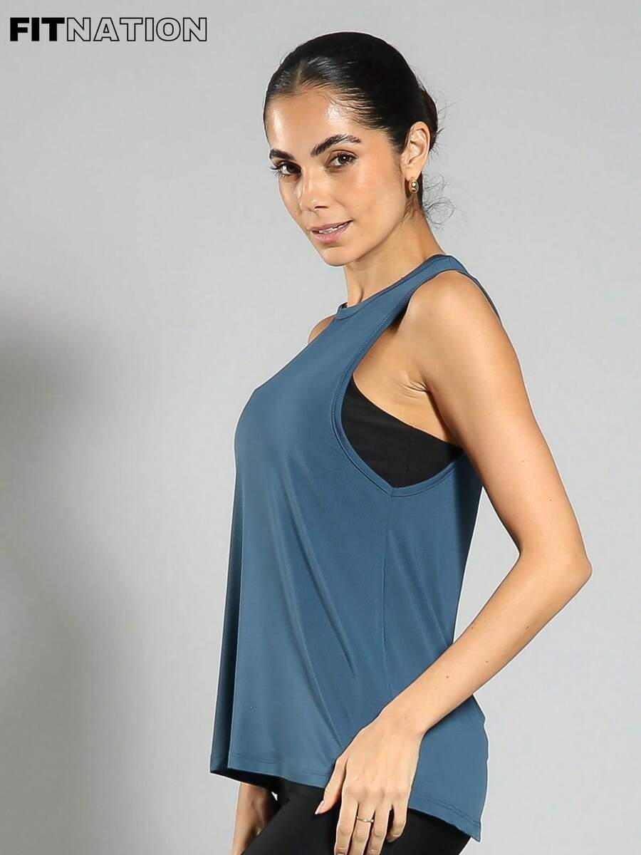 FITNATION Elongated Fitness Tank Top In Perforated Fabric With LYCRA, Ideal For All Sports - Teal Blue - View 1