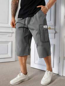 Men's Casual Cargo Capri Pants, Drawstring Waist, Large Flap Pockets, Patch Pocket, Suitable For Spring & Autumn Outdoor Wear Summer - Grey - View 3