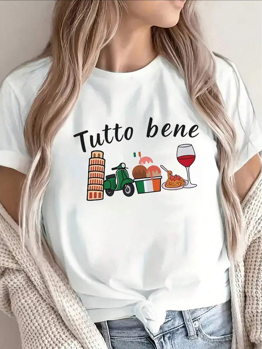 2026 Italian Style Fashion T-Shirt - "Tutto Bene" With Leaning Tower And Scooter Design | Lightweight Short Sleeve Crew Neck T-Shirt, Suitable For Casual Wear, Travel And Italian Style Outfits, Machine Washable. - 白色 - 查看 1