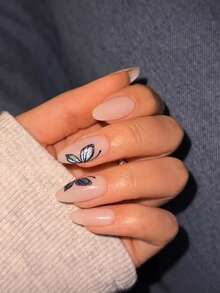 24pcs Medium Almond-Shaped Nail Stickers, Hand-Painted With Black Outline And Glitter Butterfly Pattern - The Black Lines Outline The Butterfly Shape, And The Wings Are Filled With Fine Silver Glitter That Shimmers In The Light, Creating A Dynamic And Textured Look. The Overall Aesthetic Is Elegant And Refined, Suitable For Daily Commute, Dates, And Various Occasions. The Gentle Design Has A Touch Of Personalized, Creating A Pleasant Atmosphere. - Multicolor - View 3