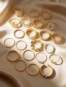 22 Pieces Fashion Butterfly Rhinestone Inlaid Ring Mixed Pearl Ring Women Geometric Chain Joint Ring Set, Flowers, Leaves, Faux Pearls, Suitable For Women, Daily, Beach, Summer, Wear, Valentine's Day, Mother's Day, Easter, Gift, Gold Ring Women's Jewelry Set - Gold - View 2