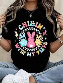 Chillin With My Easter Bunny T Shirt Fun Spring Graphic Tee For Women Colorful Rabbit Design Casual Fashion Top Haine Vara - Black - View 1