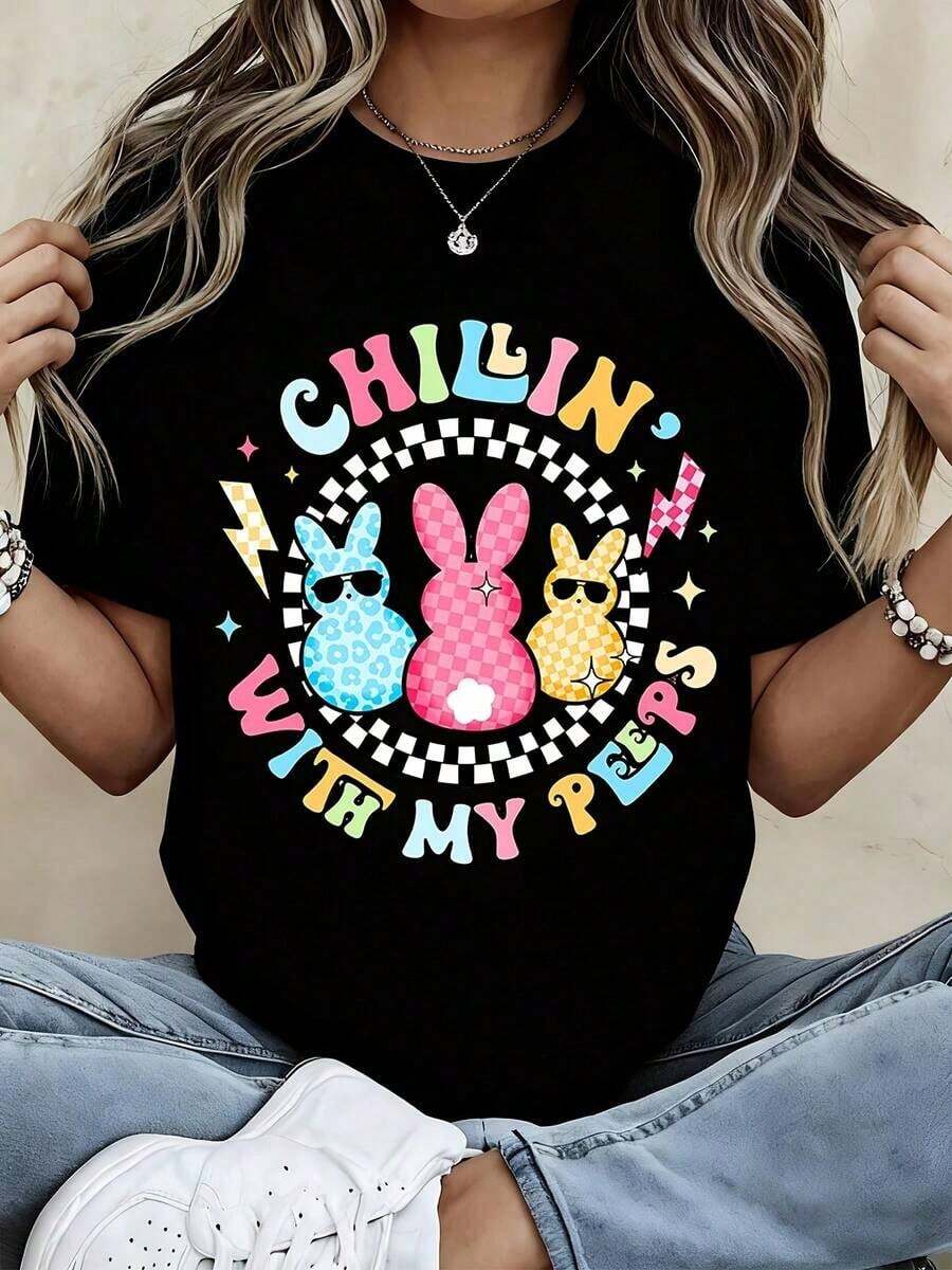 Chillin With My Easter Bunny T Shirt Fun Spring Graphic Tee For Women Colorful Rabbit Design Casual Fashion Top Haine Vara - Black - View 1