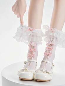 1 Pair Women's Lace Bow Knee High Socks, Cute & Sweet Lolita Style Mid-Calf Socks, Plus Size - White - View 4