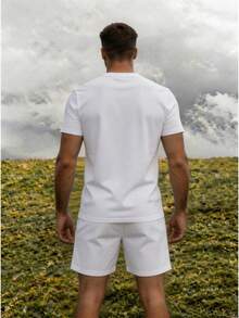 Conjunto masculino estilo italiano minimalista de dos piezas con estampado de letras MILANO en algodón ajuste holgado cuello redondo manga corta primavera verano uso casual set - Blanco 1 - Ver 6
