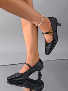 2026 Fashion Black Leather Shoes With Gold Cat & Square Toe Decor For Women - Black - View 2