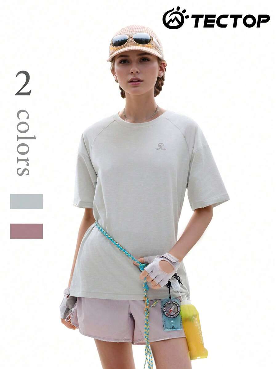TECTOP Women's Summer T-Shirt, Breathable Stretchy Moisture-Wicking, Outdoor Sports Running Hiking, Crew Neck Short Sleeve - Light Grey - View 1