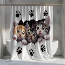 1pc Cute Cat Striped Print Shower Curtain, High Quality Home Decor Curtain, Modern Versatile Bathroom Matching, All Season Shower Curtain With 12 Hooks - S2163 - View 6