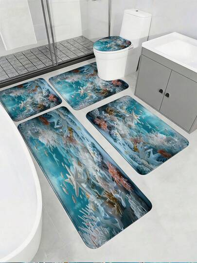 3/5pcs Set Nordic 3D Stereoscopic Coral Reef Underwater World Bathroom Mat Set, Featuring Cute Starfish, Tropical Fish & Clear Seawater Patterns, Soft Absorbent Anti-Slip Bathroom Accessories - Includes Toilet Seat Cover, U-Shaped Toilet Mat, Bathroom Door Mat, Vanity Mat, Bathtub Large Foot Mat - Made Of Flannel + Memory Foam + Polyester, Washable Mildew-Resistant Bathroom Mats - Suitable For All Seasons, Home/Hotel/Single Apartment/Outdoor Camping/School Dorm/Western/Holiday Bathroom Decor, Back To School Essential, Housewarming Gift