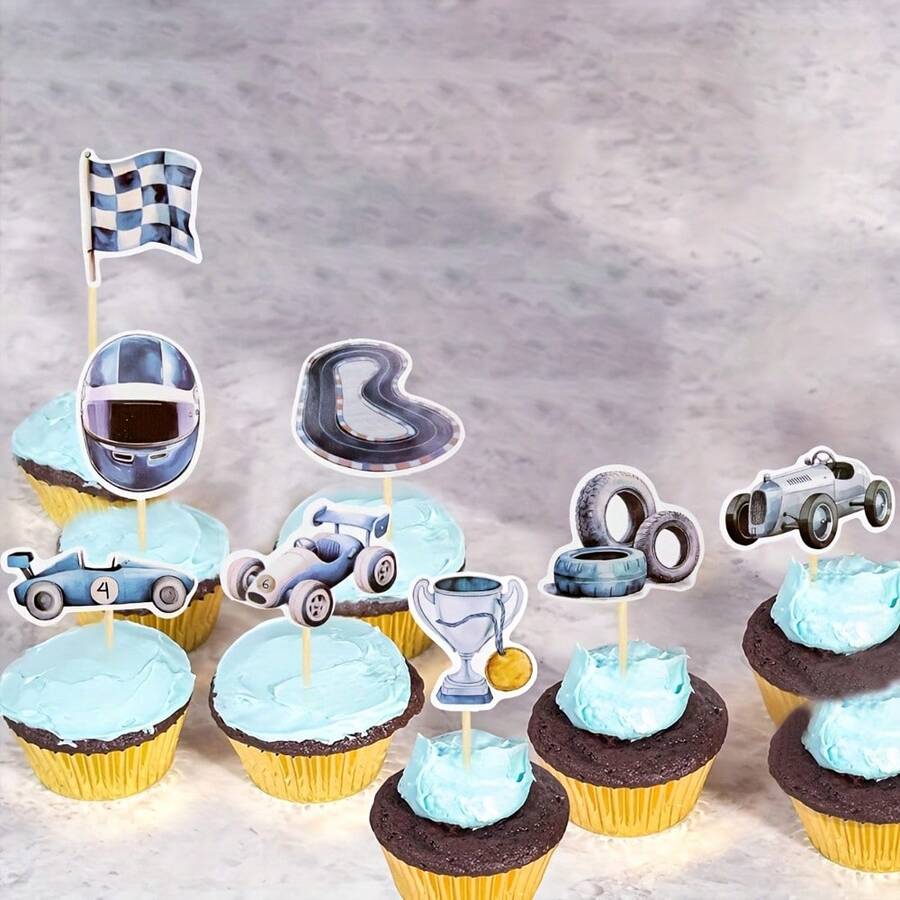 16 buah Dekorasi Cupcake Berbentuk Mobil Balap Biru, Termasuk Setir, Bendera Trofi, Helm, dll., Cocok untuk Pesta Ulang Tahun Bertema Balap. - beraneka warna - View 1