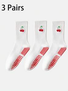 1/2/3 Pairs Women's Pilates Non-Slip Yoga Socks, Grip Socks With Traction, Neutral Hospital Socks, Ankle Support, Shock-Absorbing Sports Socks, Soft And Comfortable All-Season Grip Socks, Cute Embroidered Strawberry, Avocado, Cherry Patterns, White Socks - Multicolor - View 22