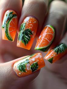 Nâng cấp diện mạo tức thì với 24 móng tay giả vuông cỡ trung bình, họa tiết lá xanh tươi mát lấy cảm hứng từ màu cam đỏ, móng tay giả màu trắng tinh tế với họa tiết bất thường, móng tay giả phủ kín toàn bộ móng dành cho phụ nữ và bé gái. Bao gồm 1 tờ keo dán và 1 miếng dũa mini dạng gel. Giao hàng ngẫu nhiên. - màu xanh lá - Xem 8