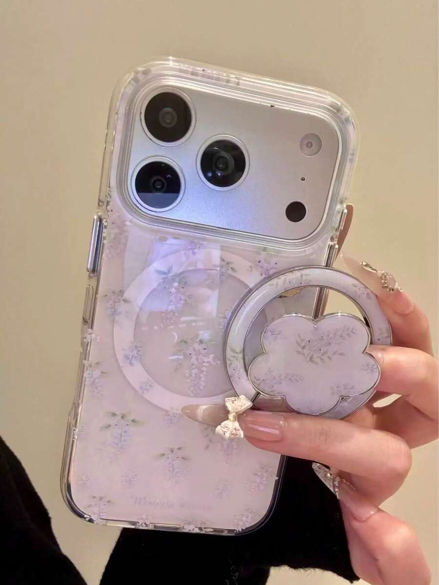 韩版清新浅紫色紫藤花手机壳，兼容 17 Pro Max、16 Pro（新款）、15（带折叠支架）、14（双层）、13（女士款）、17全包防摔保护套