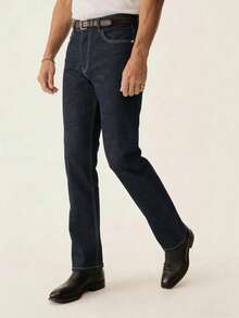 男士弹力修身直筒商务休闲牛仔裤，斜插口袋设计，适合日常穿着 - 藍色 - 查看 4