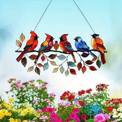 2D Flat Bird Colorful Glass Branch Acrylic Bird Decor Sign Plaque Wall Hanging, Multi-Purpose