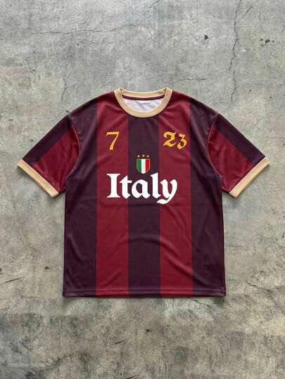 男士圆领T恤，饰有旗帜印花元素，撞色运动衫，短袖，春夏款