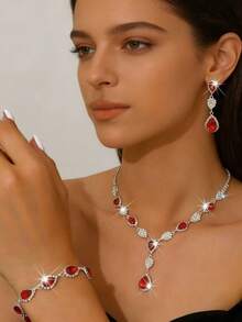时尚婚礼立方氧化锆水滴耳环、项链和手链套装 - 1662796紅色套裝 - 查看 1