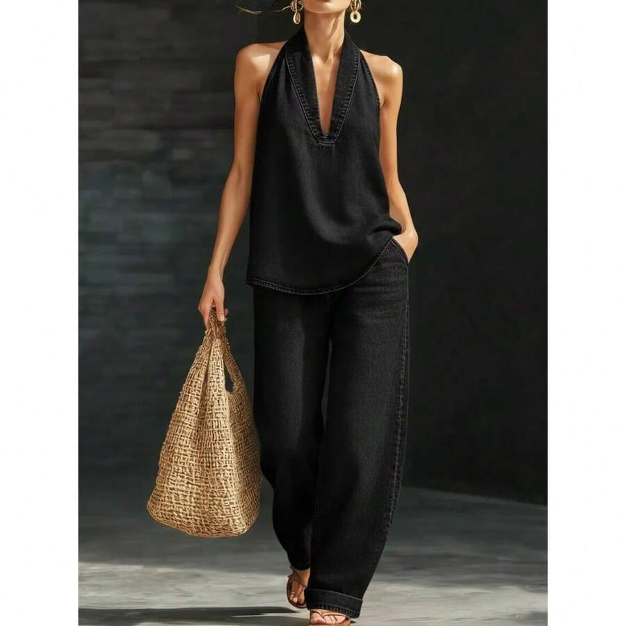2026 Autumn New Women's Clothing European And American Style Suit Lapel Retro Buckle Denim Top With Wide-Leg Jeans,Conjunto Para Mujer - 黑色 - 查看 1