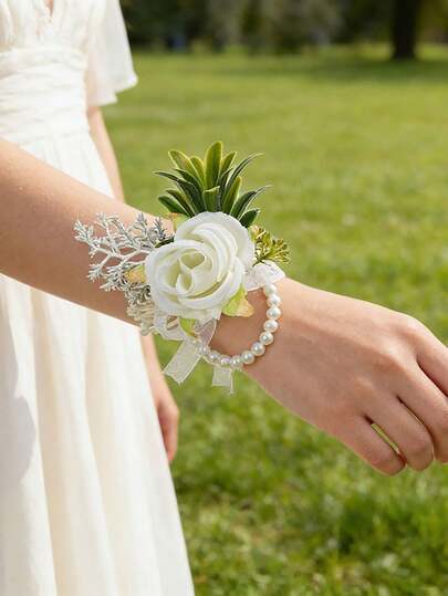 欧式婚礼花艺套装：新郎及伴郎白色玫瑰仿真胸花 + 新娘及伴娘配套腕花，仿真花胸针和腕花，适用于婚礼、新娘送礼会、订婚和周年纪念（可永久保存）