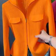 Women'S Long-Sleeve Cardigan With A Lapel, Featuring A Unique Double Zipper Design, Perfect For Early Spring 2025. A Versatile Top That Can Be Worn As A Base Layer Or Outerwear - 橘色 - 查看 1