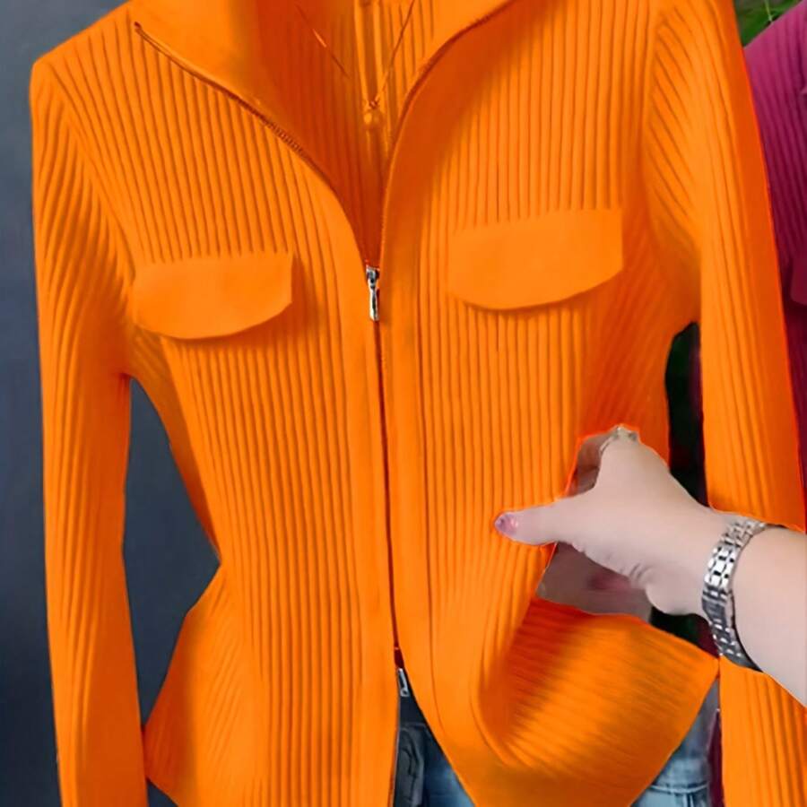 Women'S Long-Sleeve Cardigan With A Lapel, Featuring A Unique Double Zipper Design, Perfect For Early Spring 2025. A Versatile Top That Can Be Worn As A Base Layer Or Outerwear - 橘色 - 查看 1
