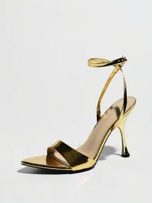 Women's High Heel Sandals, Suitable For Spring/Summer Parties, Galas, Outdoor Travel, Fashion High-End Gold Pointed Toe Shiny Wide Strap Criss-Cross Buckle Elegant Comfortable Formal Occasion Wear, Versatile Gold High Heels - Gold - View 4