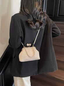 1件米色新款时尚单肩夹扣珍珠贝壳包，女士编织沙滩斜挎包，完美沙滩吻锁顶部手提包 - 米色 - 查看 9