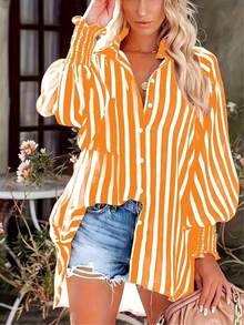 Plus Size Women Spring/Summer Elegant Travel & Vacation Striped Washed Vintage Style Loose Blouse With Lantern Sleeves - Dirty Orange - View 1