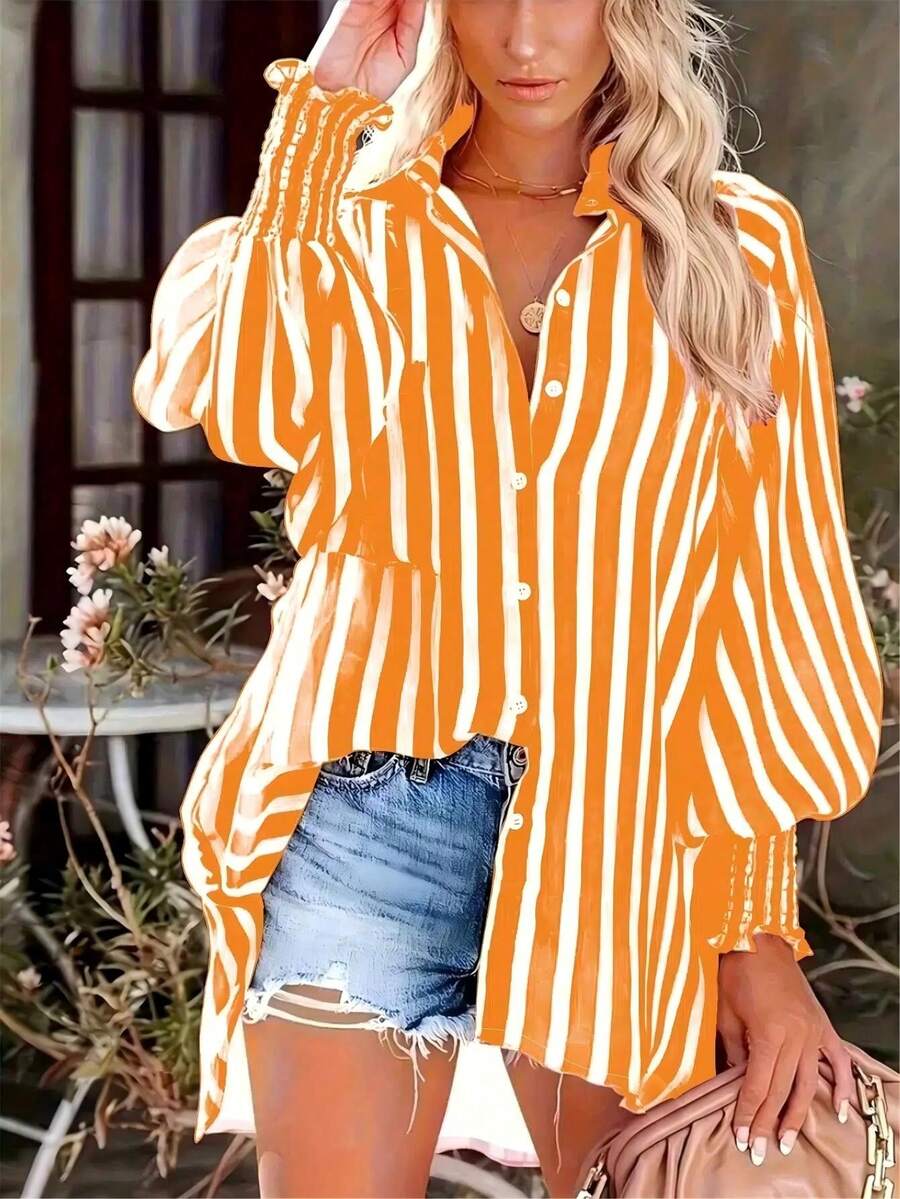 Plus Size Women Spring/Summer Elegant Travel & Vacation Striped Washed Vintage Style Loose Blouse With Lantern Sleeves - Dirty Orange - View 1