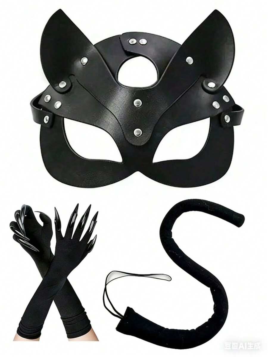 3件套成人女式黑猫战士服装套装,包括爪手套、面具和猫尾巴,适合万圣节、恐怖之夜活动、角色扮演和主题派对。 - 彩色 - 查看 1